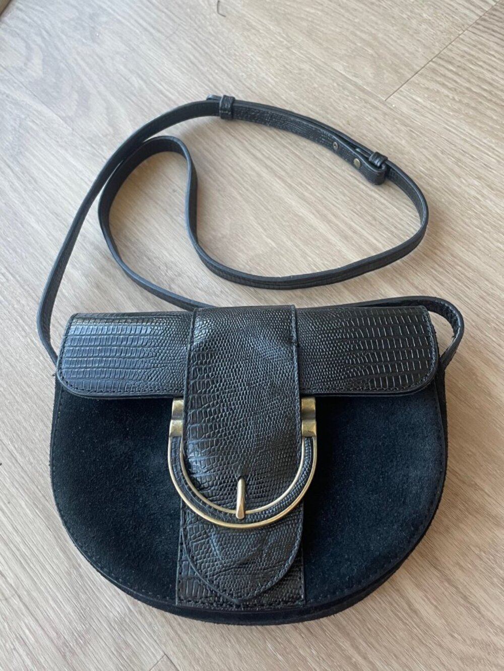 Sézane Black Suede & Croc-Embossed Crossbody Saddle Bag